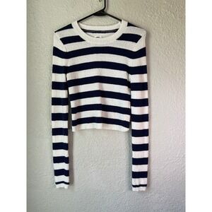 Aerie Striped Cropped Knit Sweater Blue White Long Sleeve Small Cutout